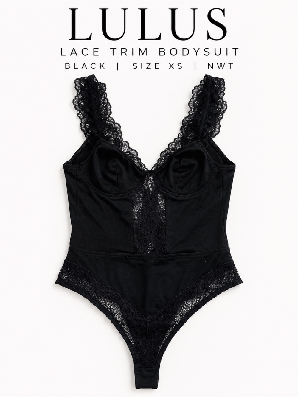 Lulus Black Lace Trim Bodysuit Teddy Lingerie Romper XS